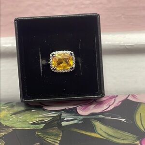 Yellow and Silver Ring with Sparkling Gemstone size 8